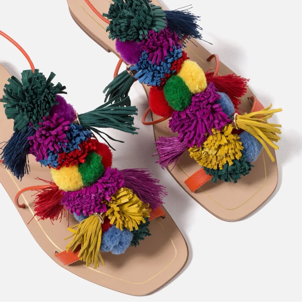 Zara Colorful Pom Pom Tassel Lace Up Open Toe Sandals (Size 38) - Picture 3 of 7